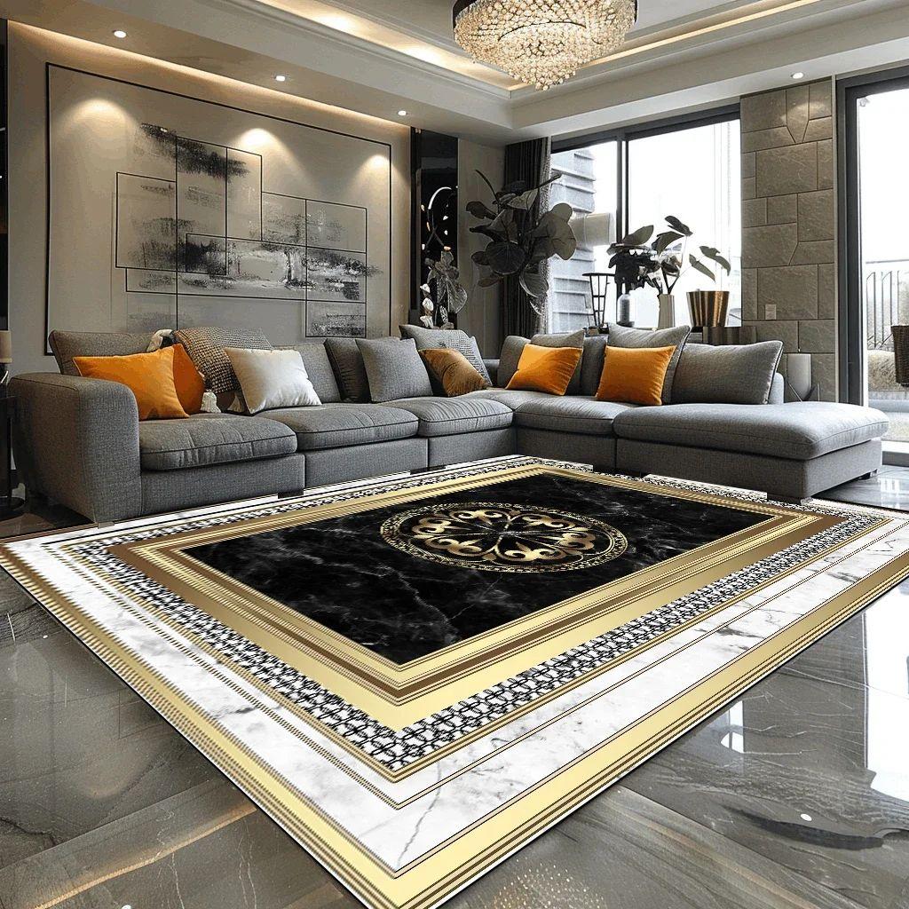 Luxury Large European Style Rug—Black Gold Living Room Sofa Carpet, Non-Slip Easy To Clean for Coffee Tables Carpet