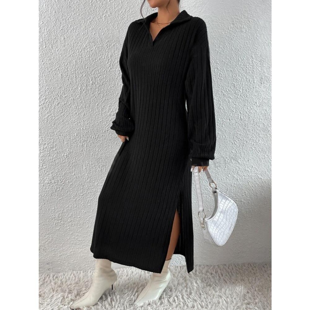 Rochie de damă cu mânecă lungă, culoare solidă, cu umeri și crăpături, toamnă și iarnă