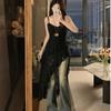 Large Size Hepburn Style Lace Dress Women's Summer Irregular Split Suspender Skirt Fat MM Belly Covering Thin Skirt