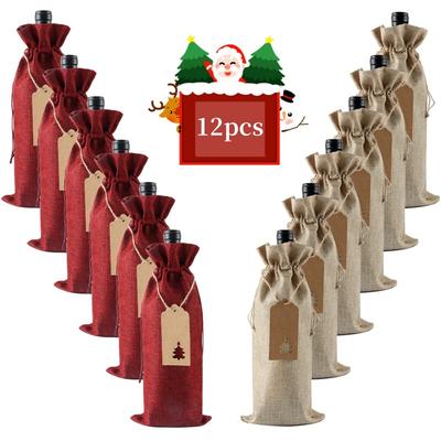 12 Stuks Jute Wijnzakken Wijn Cadeauzakken voor Kerstmis Bruiloft Verjaardag Veelkleurig Wijnfleszakken met Trekkoorden Labels&Touw