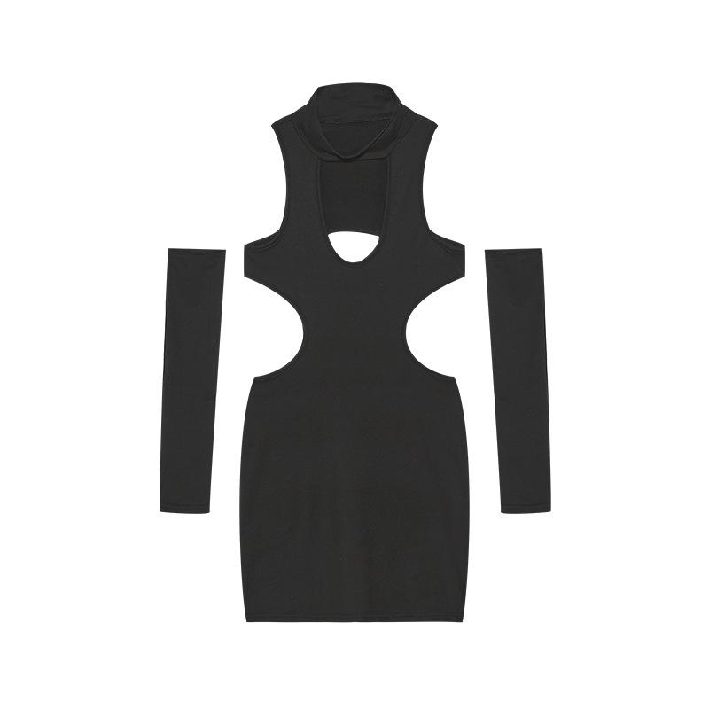 

2023 Spring/Summer Sexy Halter Hollow-out Bodycon Dress - Solid Color European & American Style L чёрный