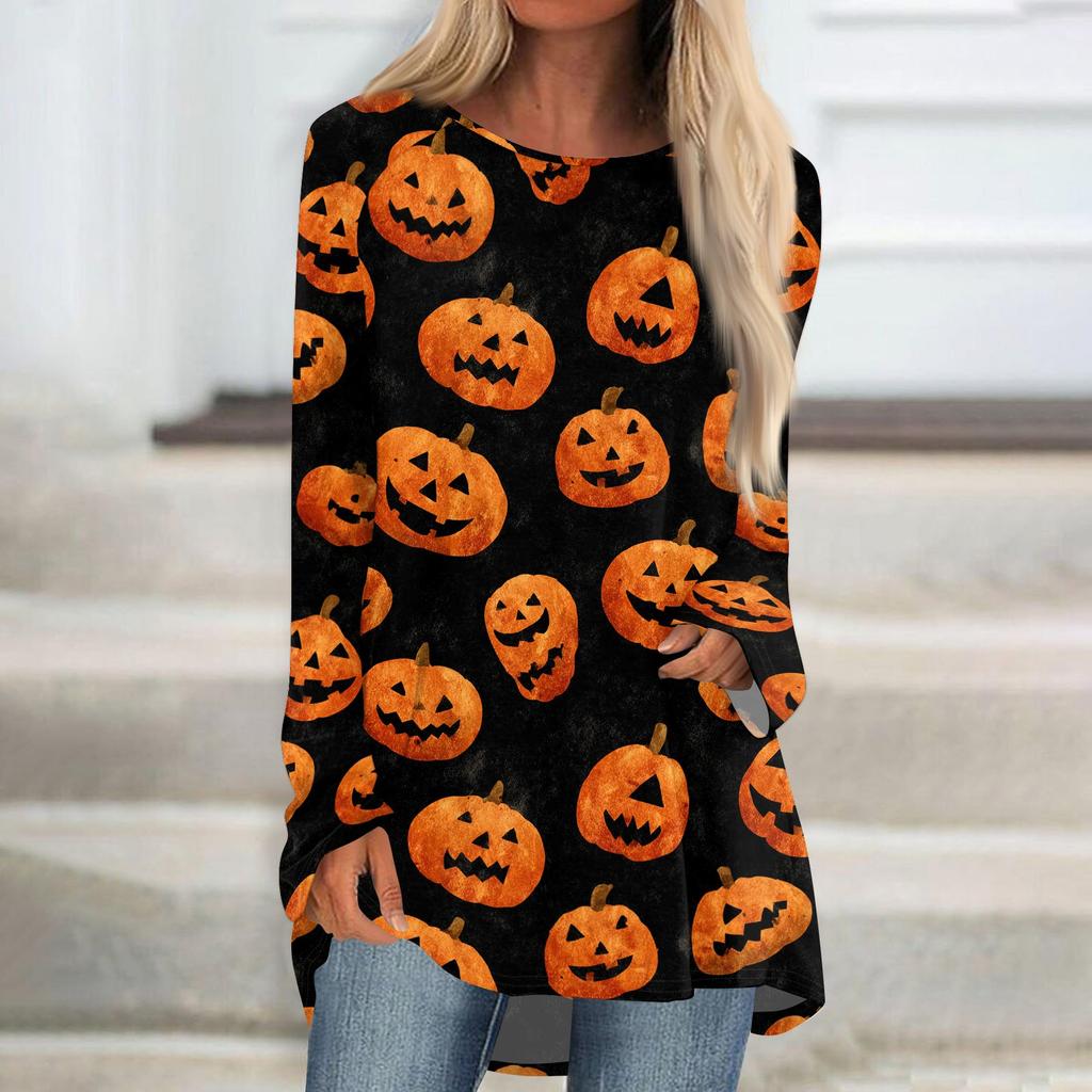 Women's Halloween Printed Long Sleeve Round Neck T-Shirt Mid-Length Casual Top