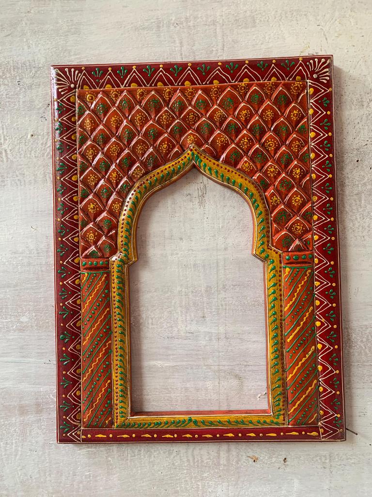 Hand-Painted Wooden Jharokha Frame: Indian Mehrab Wall Decor