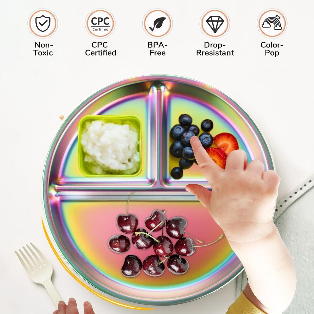 304 Stainless Steel Portion Control Plate Dazzling Salad Barbecue Plate 3 Grids Dishes  Weight Loss