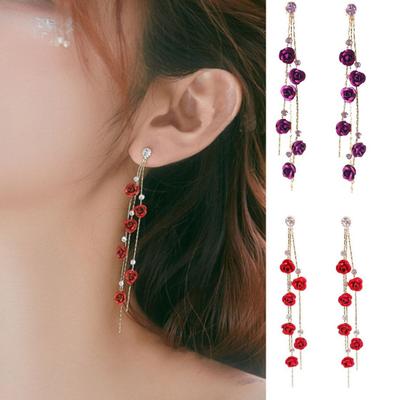1 Paar Glanzende Strass Elegante Dames Oorbellen Roos Bloem Lange Kwast