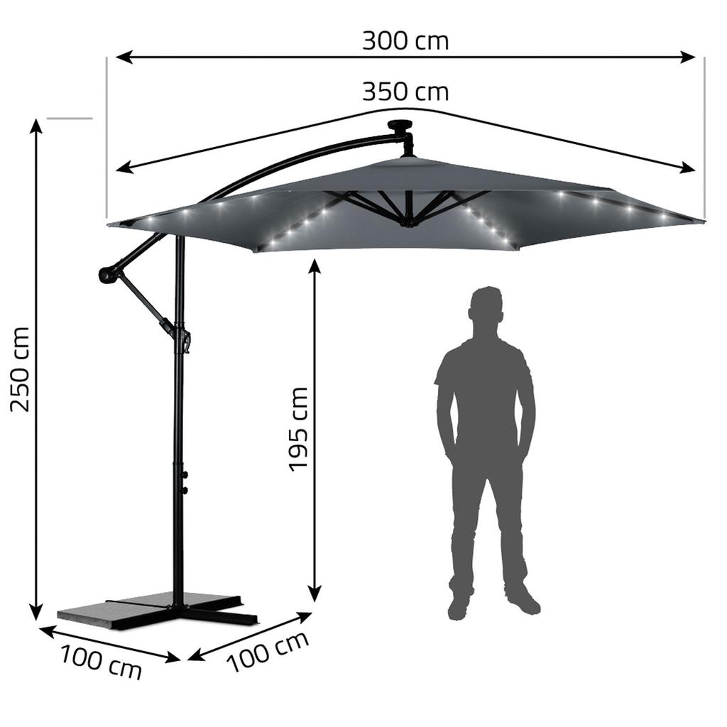 Folding Garden Umbrella, 6 Sections, 350 Cm, With Cover And Lights, Plonos Pl-882