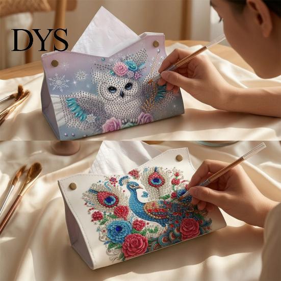 Holiday Gift for Craft Lovers DIY Faux Diamond Art Painting Tissue Box, Leather Desktop Creative Gifts Children Holder Pouch, 5D Rhinestone Embroidery