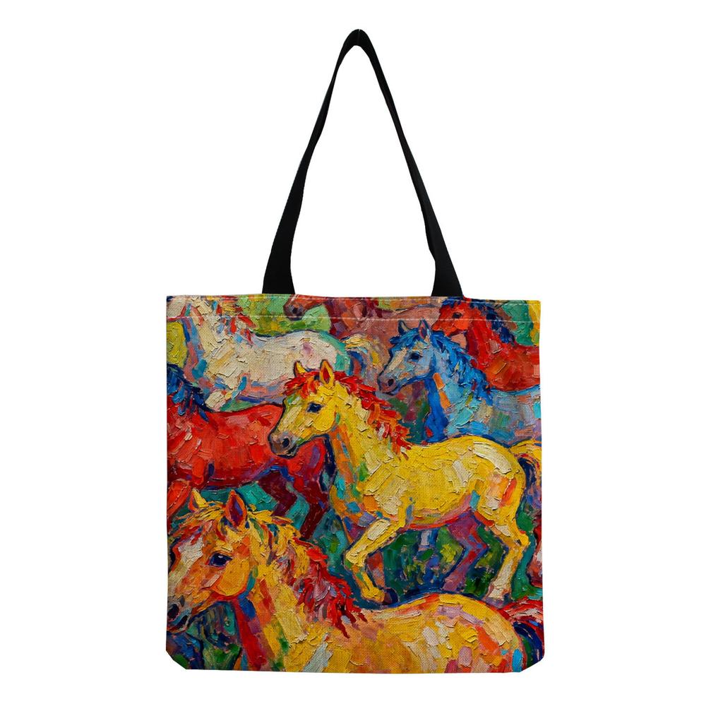 Damen Vintage Leinen-Tragetasche - Große Kapazität Pferdedruck Schulter-Handtasche für Freizeit & Lebensmitteleinkauf KTB