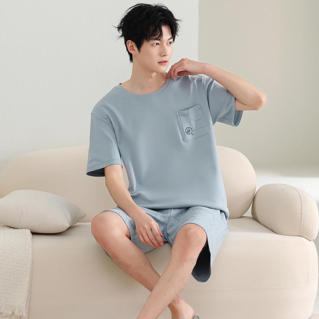 Men's 100% Cotton Short Sleeve Pajama Set - Summer Lightweight, Wearable Outdoors, Ideal for Teens