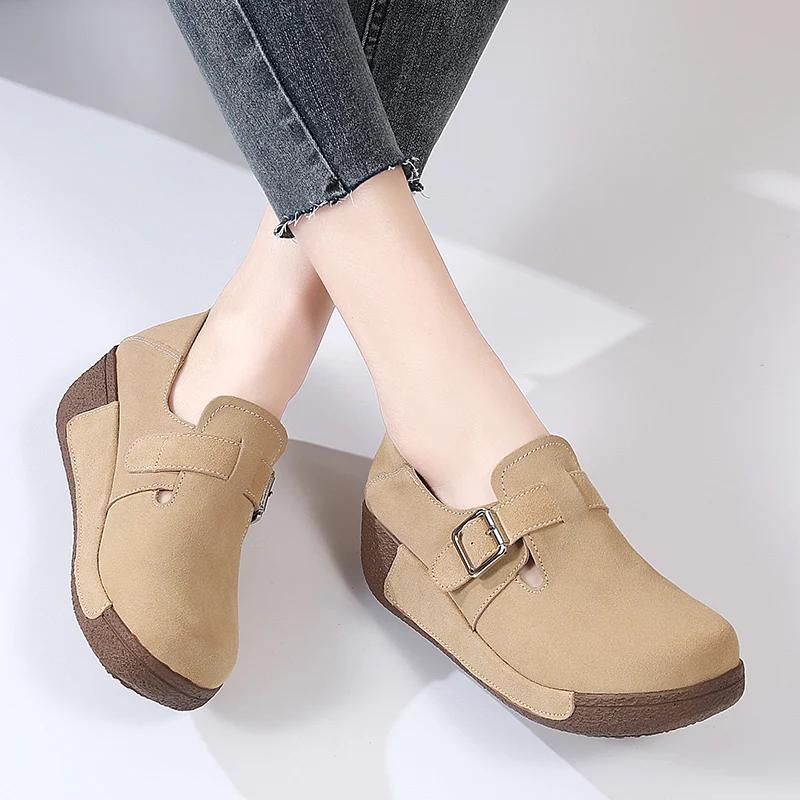 Women Flatform Moccasins Sneakers Ladies Slip-On Loafers Wedges Walking Shoes High Quality Thick Bottom Cow Suede Casual Shoes