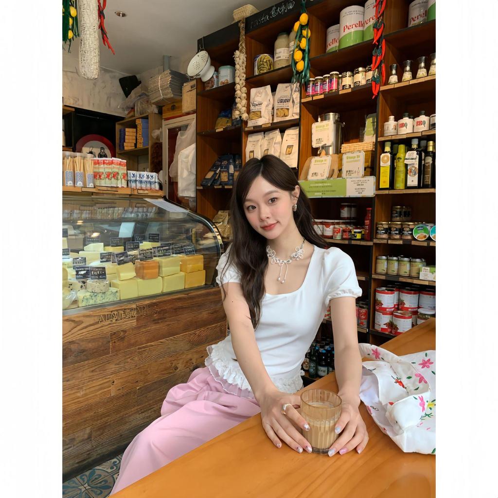 Interpret Beauty Summer 2025 Sweet Lace Trim Slimming Square Neck Short Sleeve T-Shirt S5012