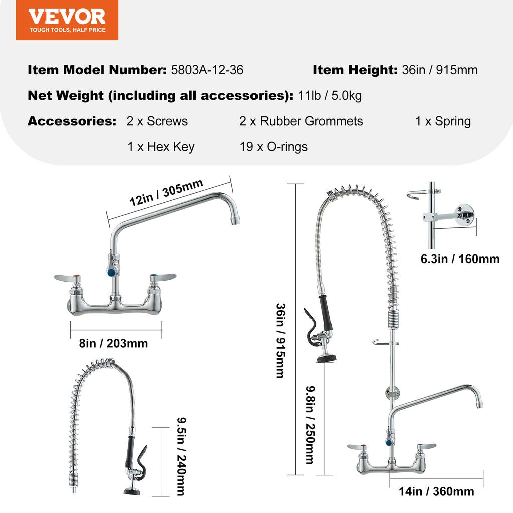 SucceBuy Commercial Faucet with Pre-Rinse Sprayer Wall Mount Kitchen Sink Faucet Brass Constructed Device with Pull Down Spray