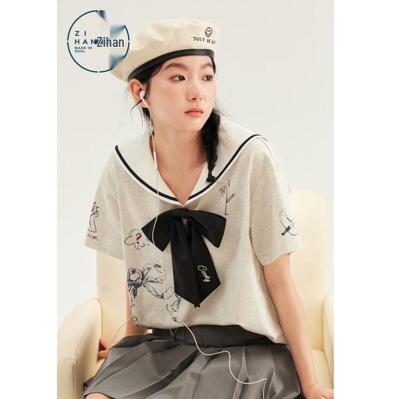 ZIHAN Sailor Collar Bow Print T-Shirt M