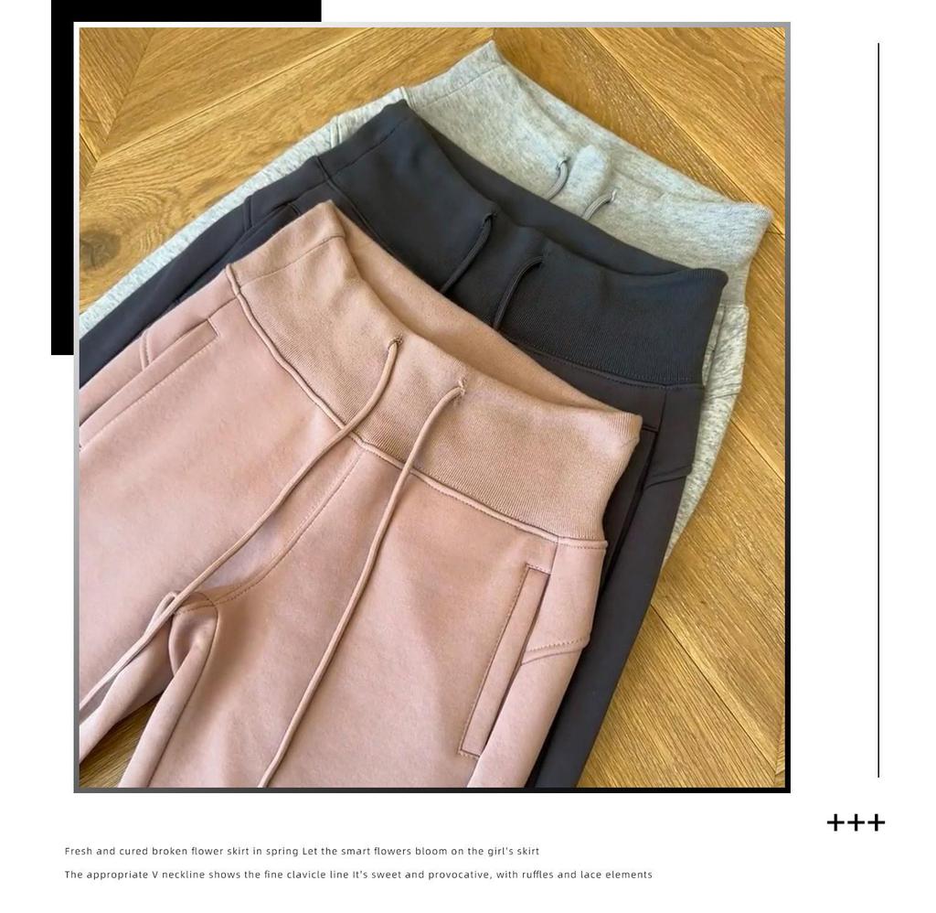Women's Black Micro-Flare Sports Sweatpants, High-Waisted, Slimming, Flattering, Plus Velvet, Autumn/Winter 2025 Collection