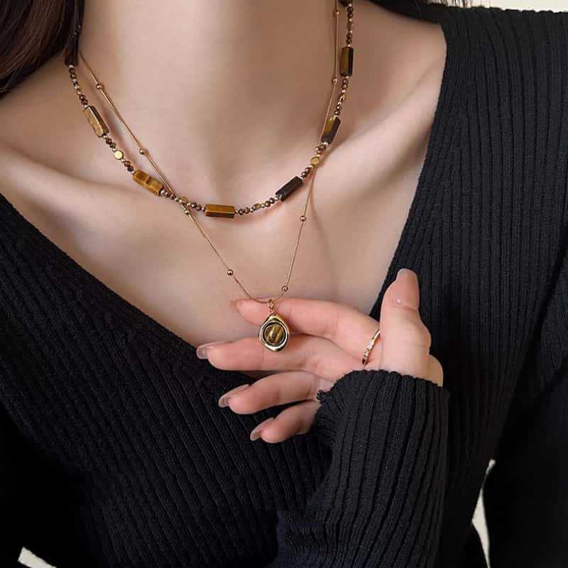 Retro Temperament Layered Tiger Eye Stone Pendant Necklace For Women Stainless Steel Double-Layer Collarbone Chain Sets Jewelry