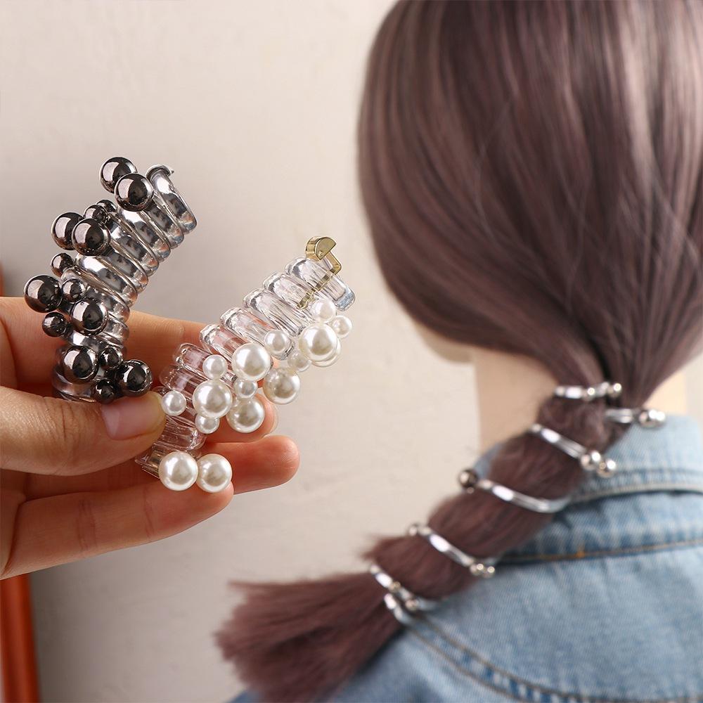 Beads Telephone Line Hair Rope Straight Pearl Hair Ring Creative Transparent Ponytail Holder  Daily