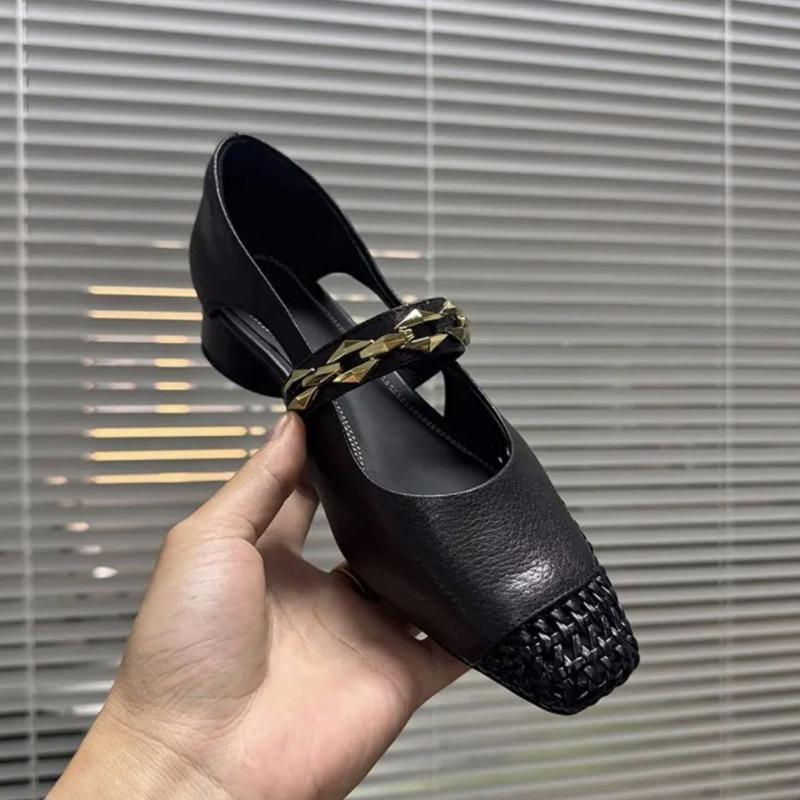 Square Toe Weave Shoes Women Chain Heeled Sandals Summer 2025 Trend Shallow Dress Woman Loafers Casual Soft Leather Sandalias