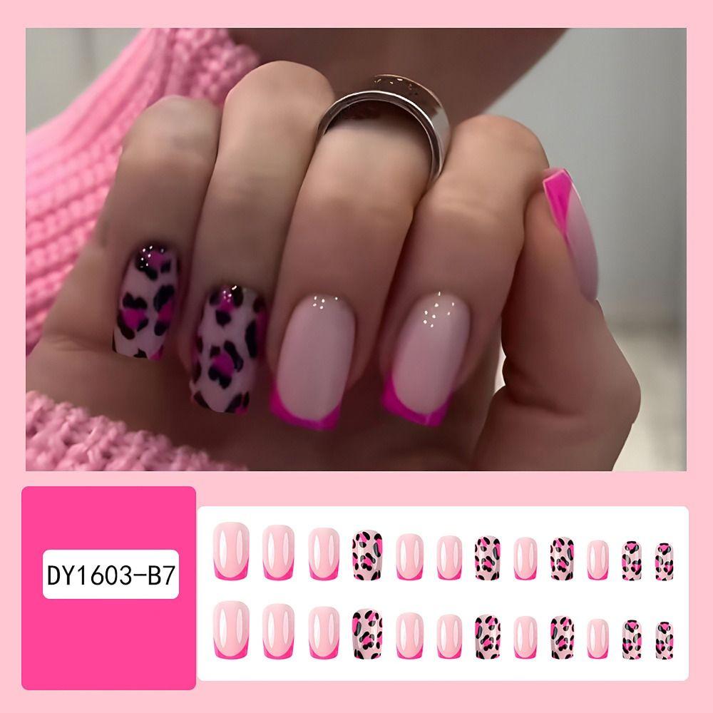 24/30PCS/BOX 3D Flower Bow Love Full Cover False Nail with Jelly Stickers Leopard Print Fake Nail Nail Tips For Women Girl