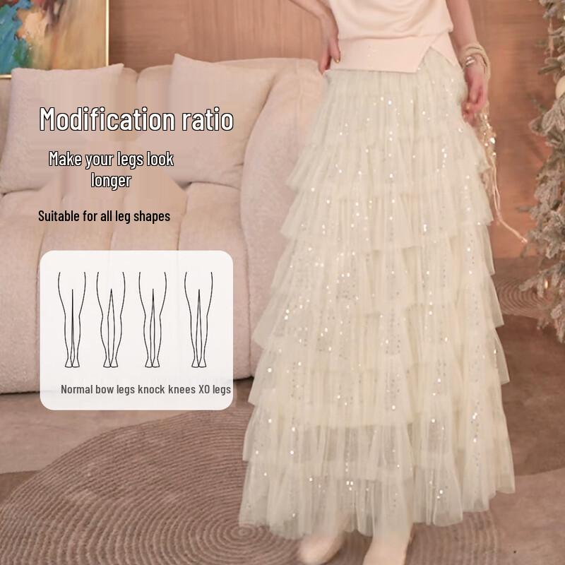 Süßer mehrlagiger A-Linien-Maxirock aus Netz mit Pailletten