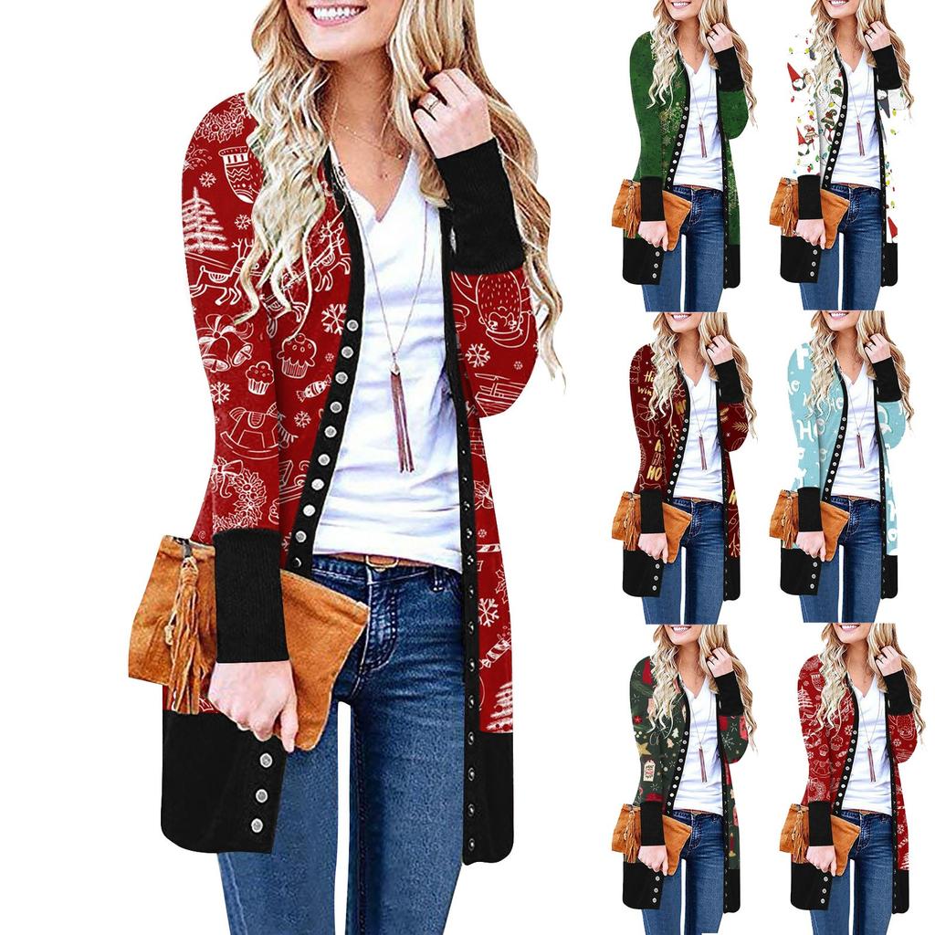 Dames Casual Lange Mouw Voorvest Gradueel Kerst Bedrukte Top Lichtgewicht Jas