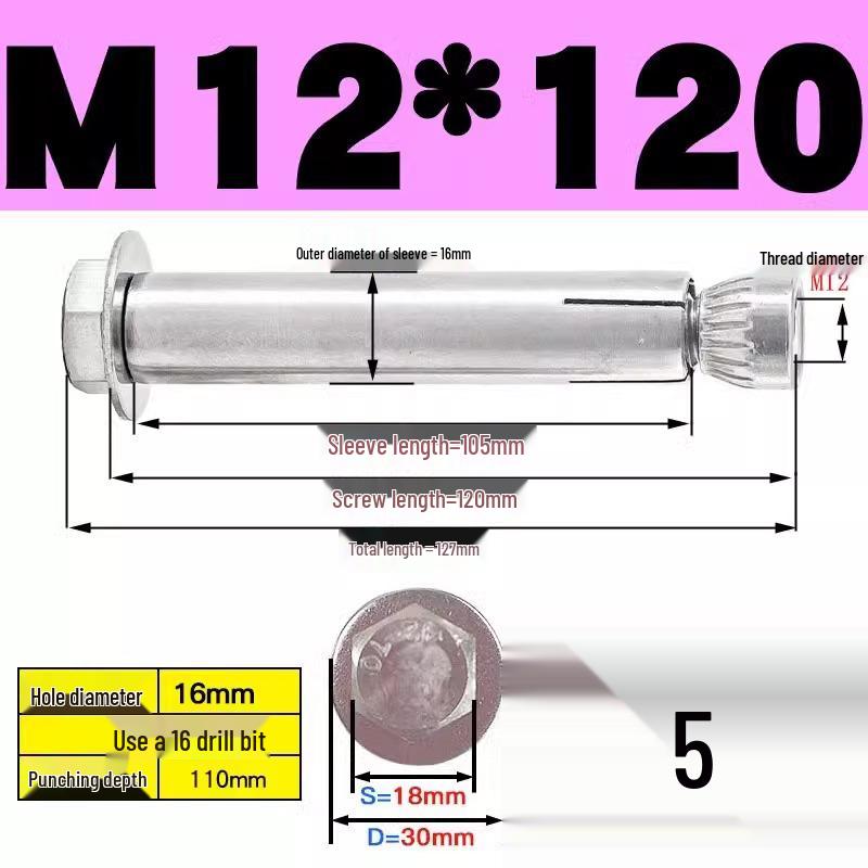 Stainless Steel Expansion Screw: Hexagonal Head with Internal Expansion (304/201), Sizes M6, M8, M10, M12.