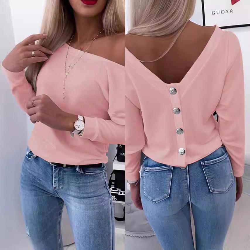 Tricou Tricotat cu Gât în V, Umeri Descoperiți și Detaliu Buton la Spate