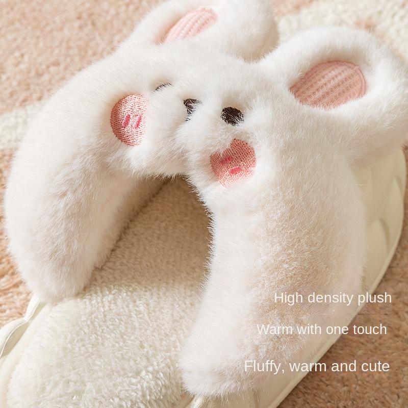 Fashion Mo Dou 2025 Winter Warm Women Slippers Waterproof Vamp Cute Rabbit Bear Decoration Indoor Outdoor Shoes Soft Plush Men Slippers