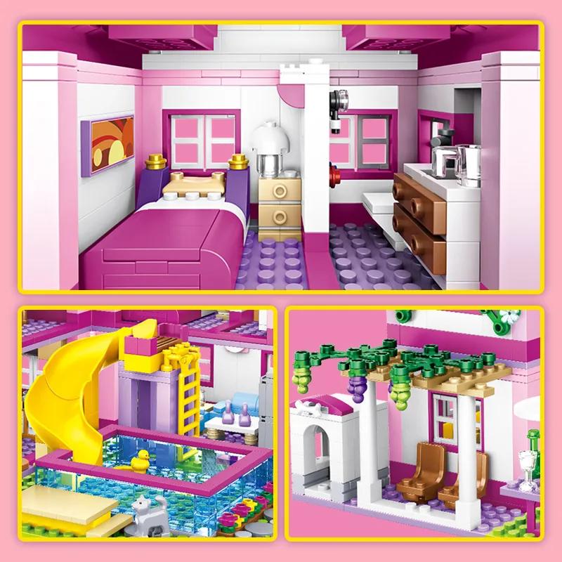 1018 Pcs City 1 Change 3 Summer Double-storey Villa House Slide Building Blocks Friends DIY Garden Flower Figures Bricks Toys