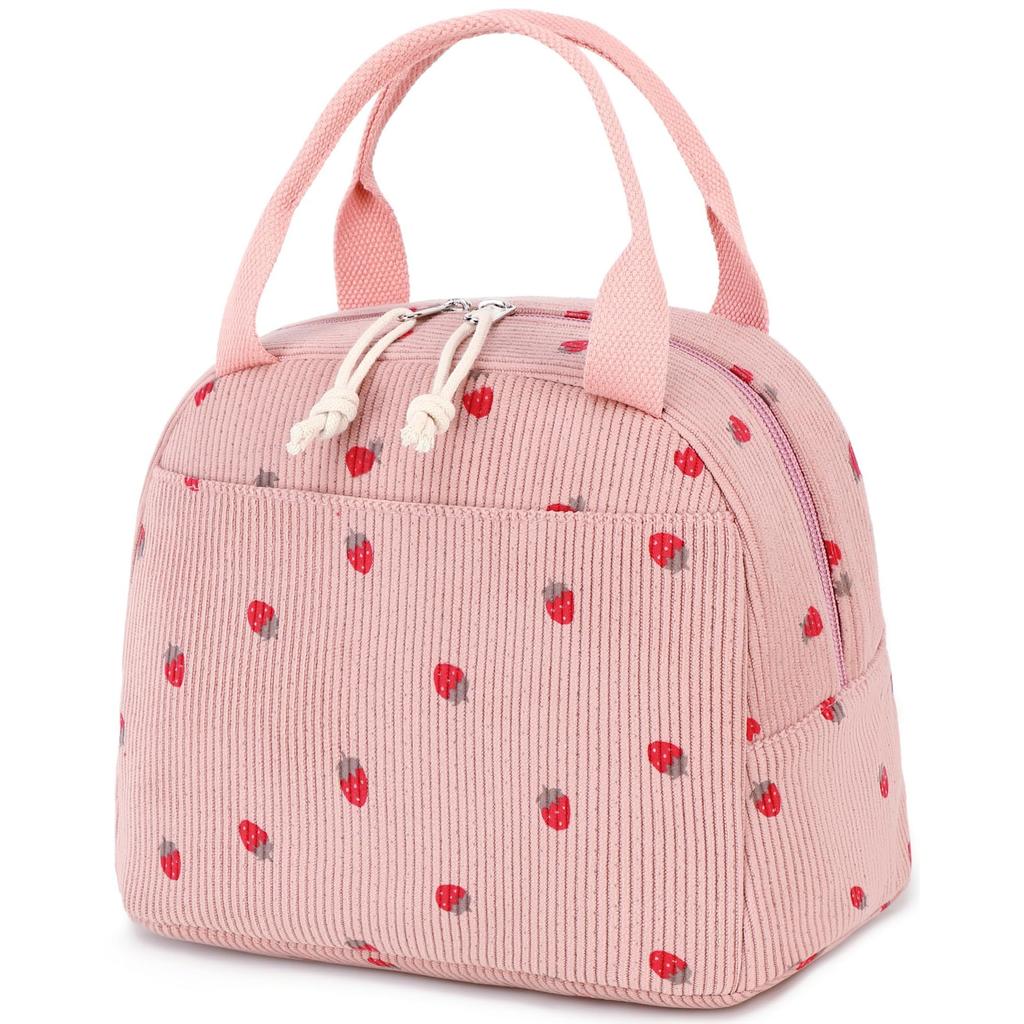 Corduroy Strawberry Lunch Bag, Women'S Large-Capacity Portable Thermal Insulation Bag, Business Trip, Spring Outing, Picnic, Ice Bag