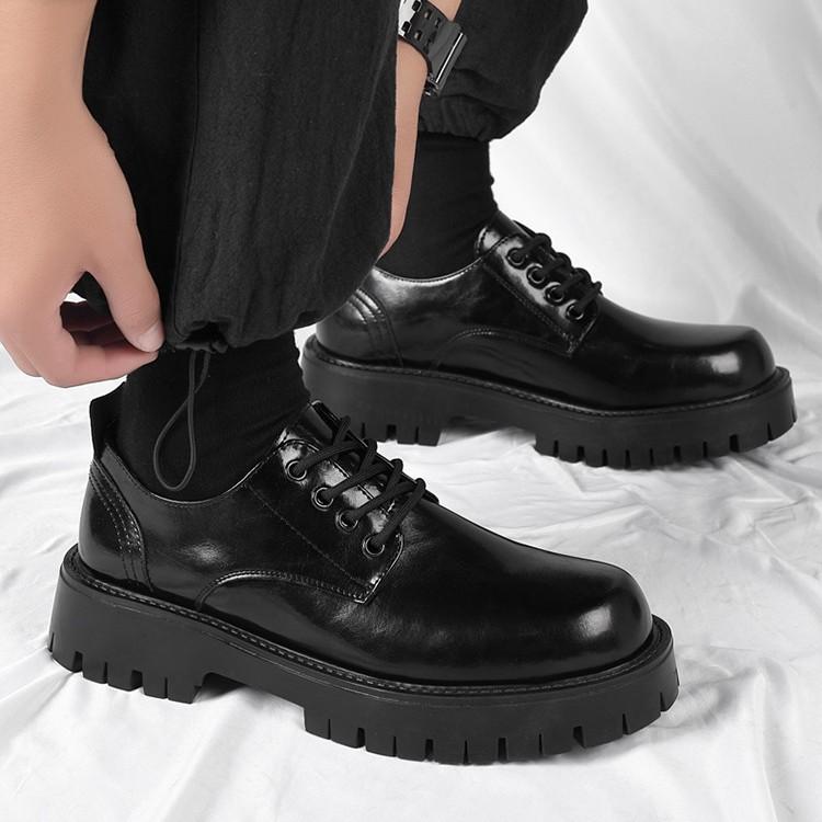 Men's Leather Shoes Spring British Platform Casual Derby Shoes Men's Dress Wedding Black Low Top Martin Boots 2135