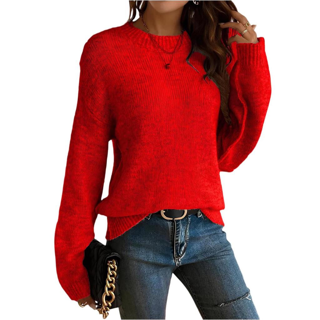 Women's Casual, Stylish, Loose-fitting Round Neck Knitted Solid Color Pullover Sweater