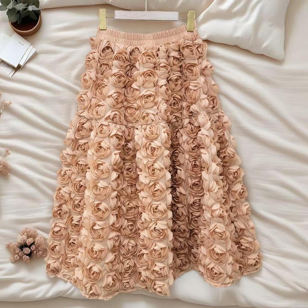 French A-Line High Waist Skirt with 3D Flowers - Spring/Winter Collection