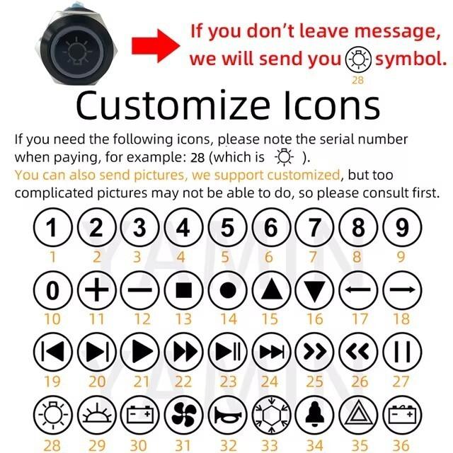 

16/19/22mm Black Shell Metal Push Button Switch Customization 3-6V 12-24V 220V Reset/Latching Light Waterproof For Car RV Truck Red Light 3-6V