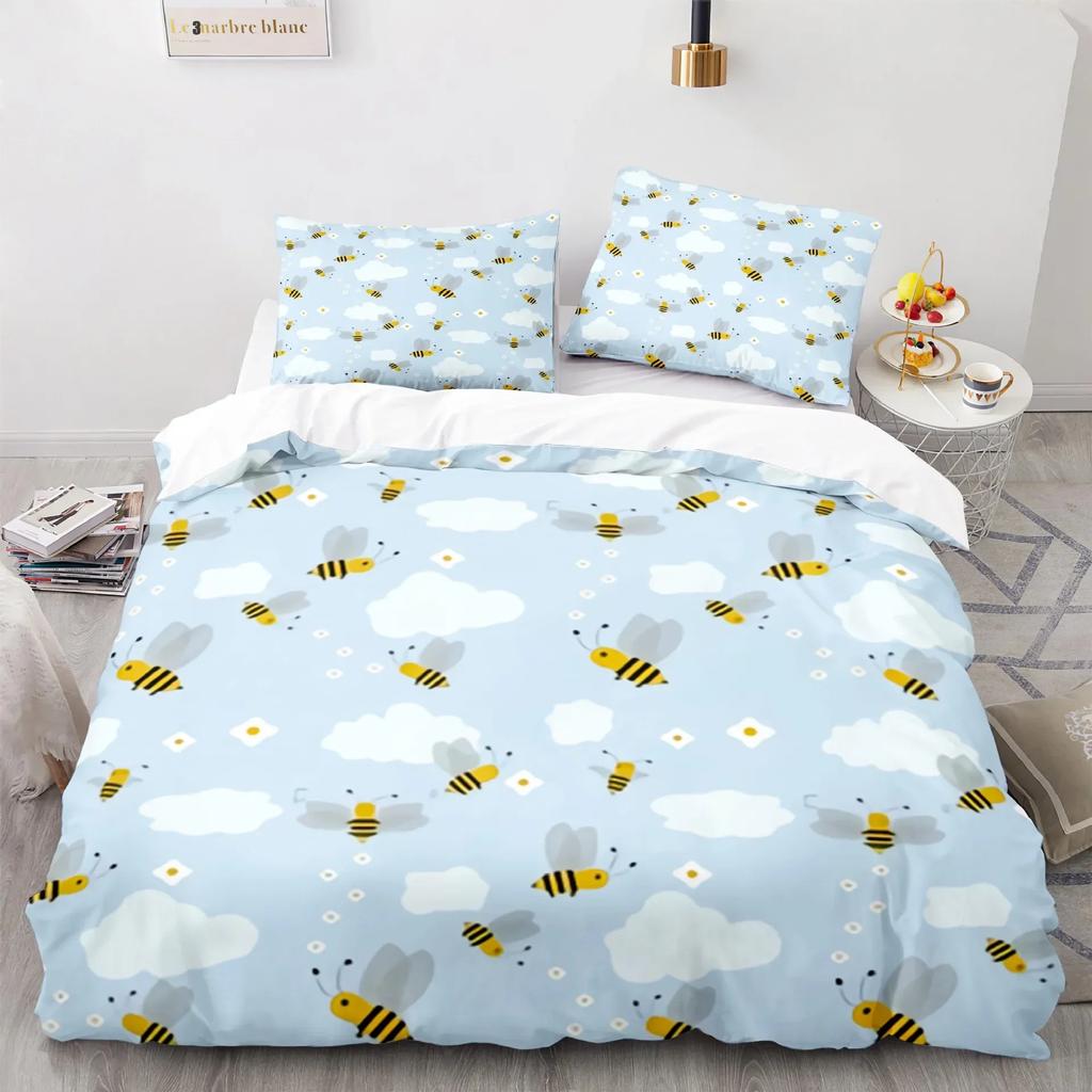 Housse de Couette Mignonne Abeille Cartoon King Queen Ensemble de Literie Doux Miel Enfants Garçons Fille Printemps Jaune Insecte Volant Polyester Housse de Couette