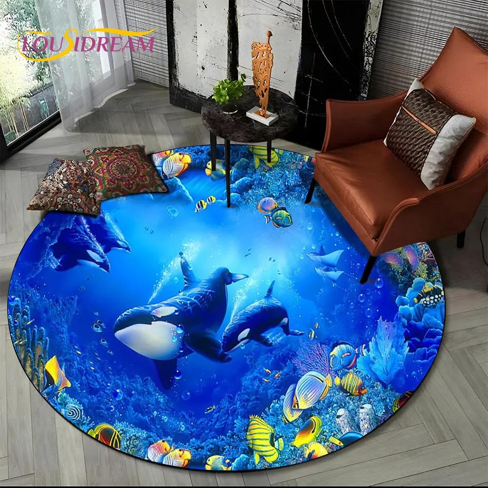 3D Seabed Illusion Underwater World Dolphin Round Area Rug,Carpet for Living Room Bedroom Sofa Playroom Decor,Non-slip Floor Mat