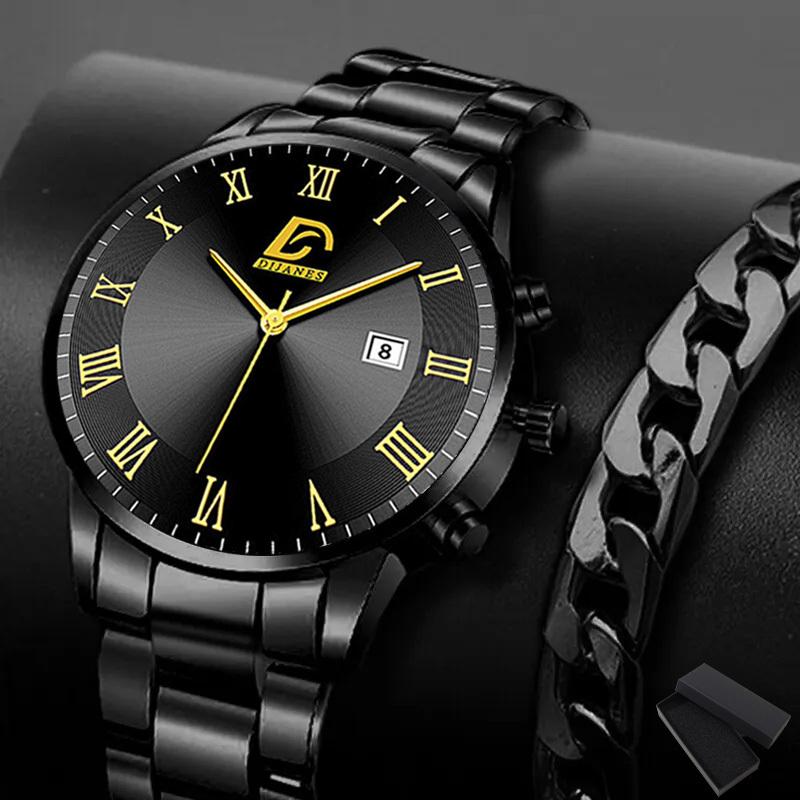 

Комплект из 2 предметовМодные мужские часы из нержавеющей стали, мужские повседневные деловые часы с датой, мужской подарок