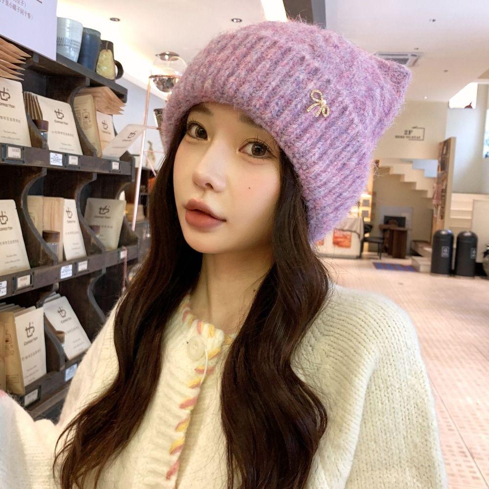 Warm Woolen Knitted Hat Japanese Style Women Beanie Hat Retro Cat Ears Pullover Hat Autumn Winter