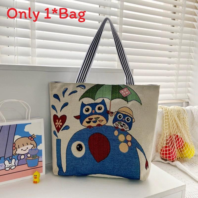 Elephant Hello Kitty Butterfly Embroidered Canvas Tote Bag With Seamed Stitching For Daily Use