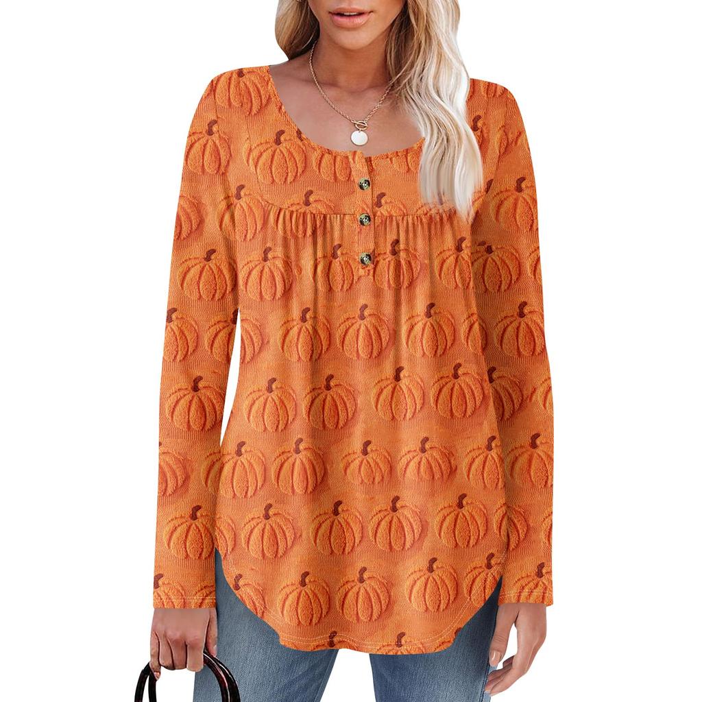 Dame Langermet Tunika Løse Topper Casual Oversized Topper Plissert Tunika Knapper Ned Casual Dame Print Topper