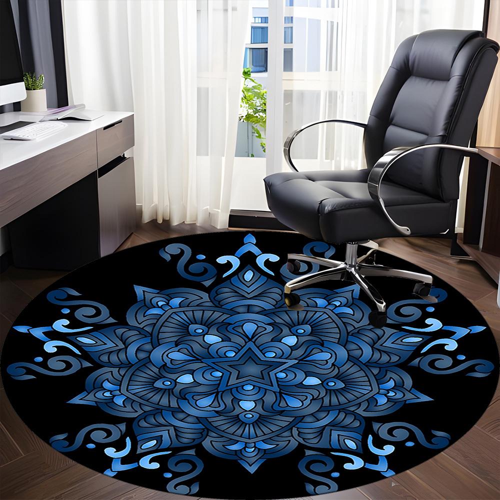 1PC Blue Mandala Pattern Office Round Rug, Non slip, Soft and Durable Office Rug for Interior Decoration, Perfect for Office