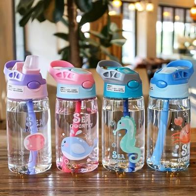 480ML Copo de Água Portátil para Crianças com Padrão de Desenho Animado, Copo de Alimentação com Canudos, Garrafa à Prova de Vazamento para Esportes ao Ar Livre