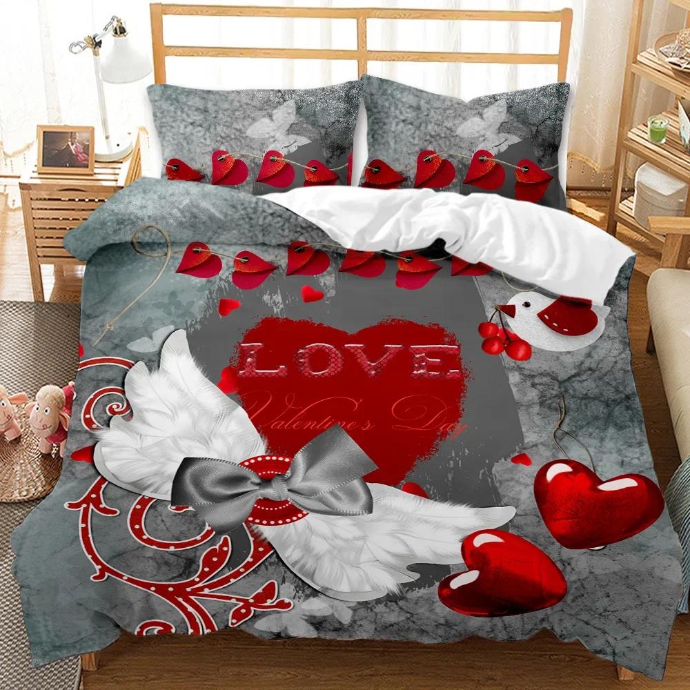 Festival Duvet Cover Set Valentine's Day Print Bedding Set Couple Romantic Polyester Quilt Cover for Lover Full Queen King Size