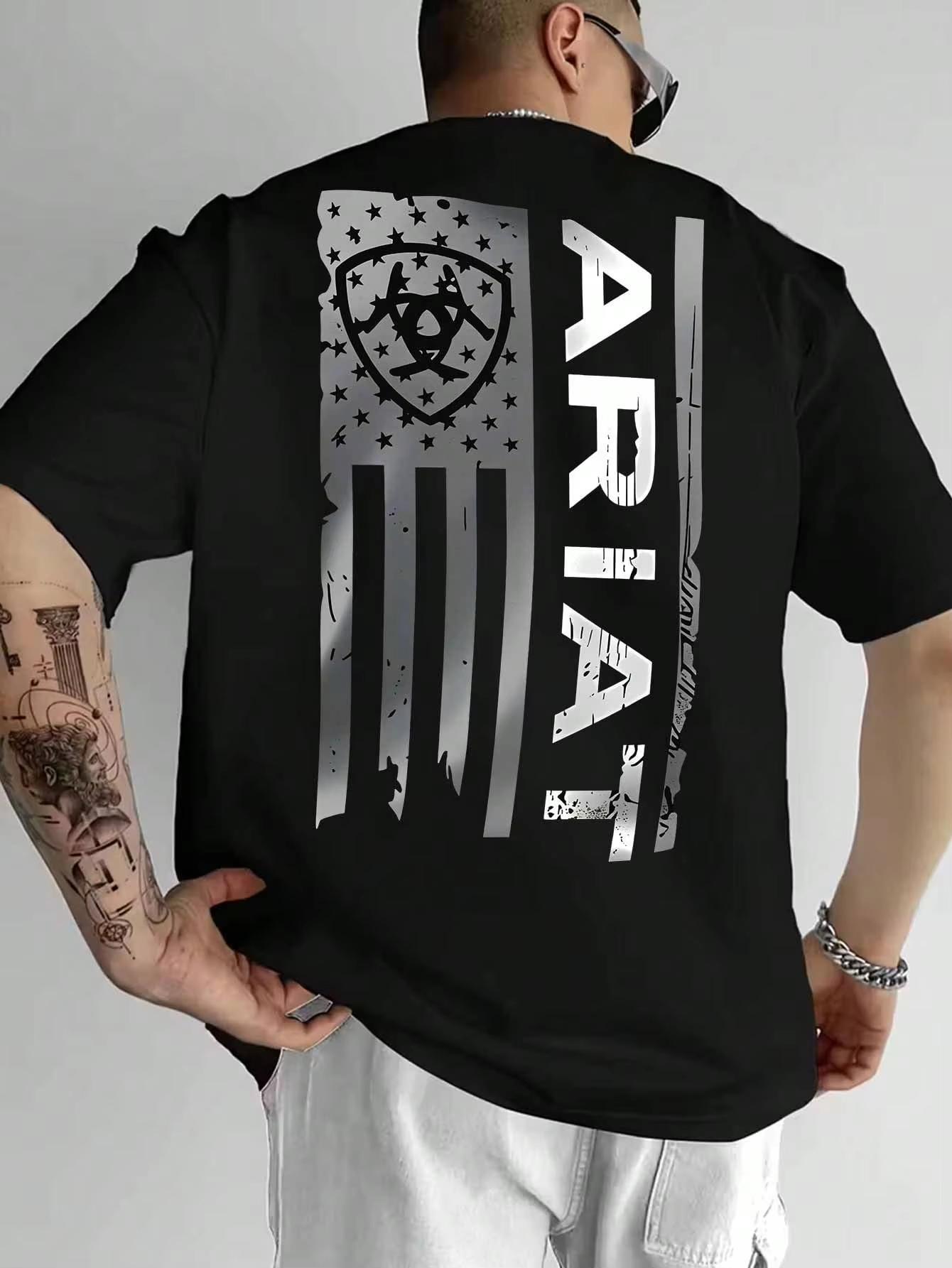 uaddw ARIAT Мужская футболка с потертым американским флагом, с круглым вырезом, коротким рукавом, всесезонная, оверсайз, унисекс, Харадзюку, высокое качество 4XL