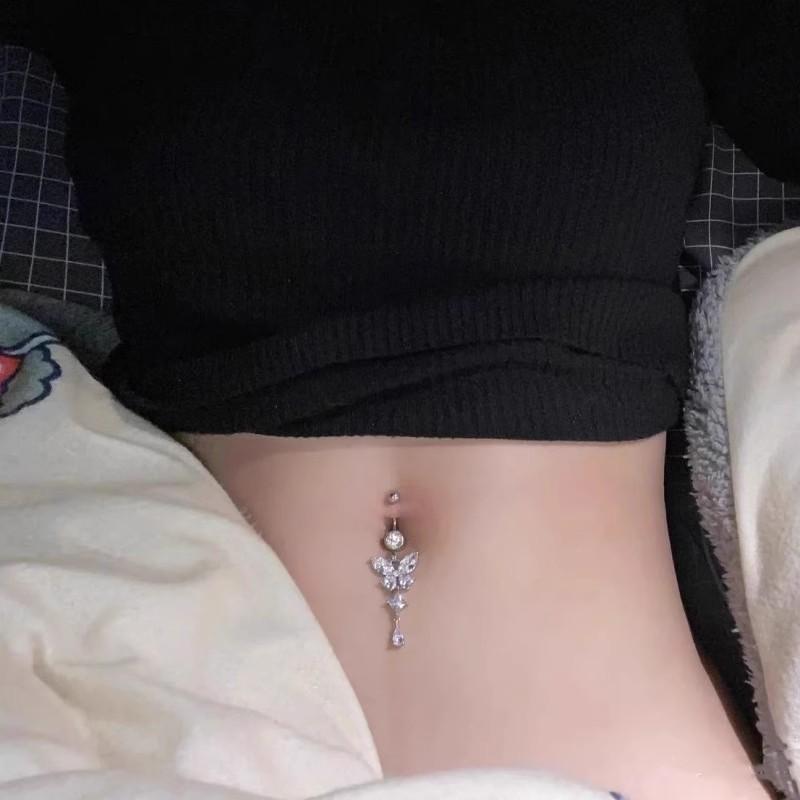 Shiny Zircon Crystal Belly Button Rings for Women Fashion Heart Navel Ring Metal Steel Barbell Butterfly Body Piercing Jewelry