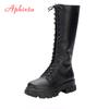 Aphixta 2025 Winter Shoes Women's Long High Boots White PU Leather Knee High Boots Female Lace Up Platform Botas Mujer