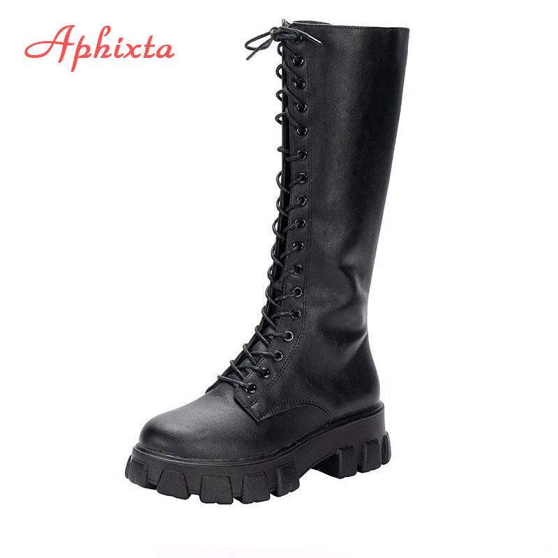 Aphixta 2025 Winter Shoes Women's Long High Boots White PU Leather Knee High Boots Female Lace Up Platform Botas Mujer