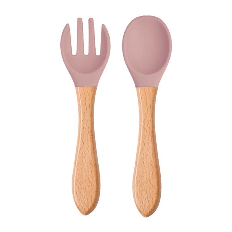 Child's Wooden Handle Silicone Fork & Spoon Set for Learning to Eat