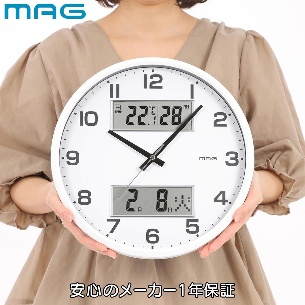 MAG Wall Clock Analog Double Post Quiet Continuous Second Hand Temperature Humidity Date Day of the Week Display White Diameter 32cm W-766WH-Z