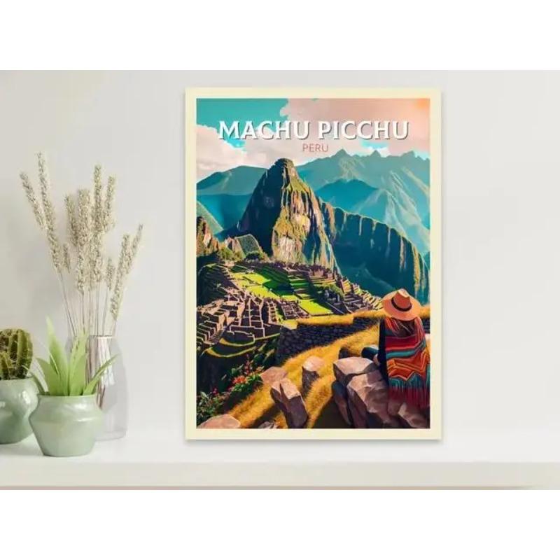Machu Picchu Lisbon Vintage Travel Poster Canvas Print  Retro City Tourism Wall Art for Living Room Decor