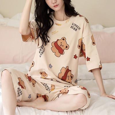 2 Pcs/set Women Short Sleeve 7 Pants Ladies Homewear Scarf Bear Short Sleeve Two Piece Autumn Ladies Pajama Set School Pajamas